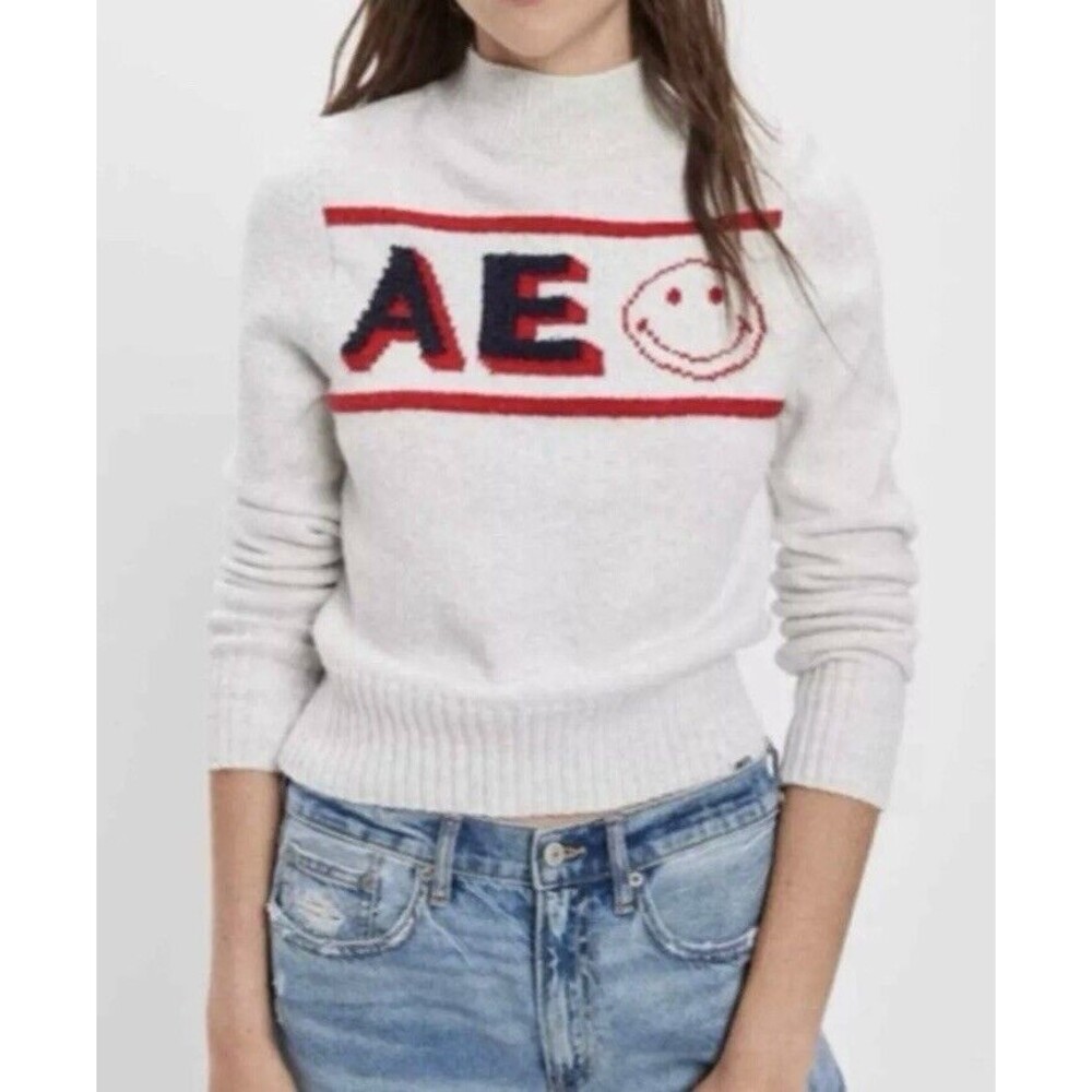 AMERICAN EAGLE AE Logo‎ Smiley Graphic Gray Mock Neck Sweater Women's MEDIUM NWT